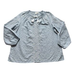 Joie Linen Pastel Blue Peasant Embroidered Blouse Top M Boho
